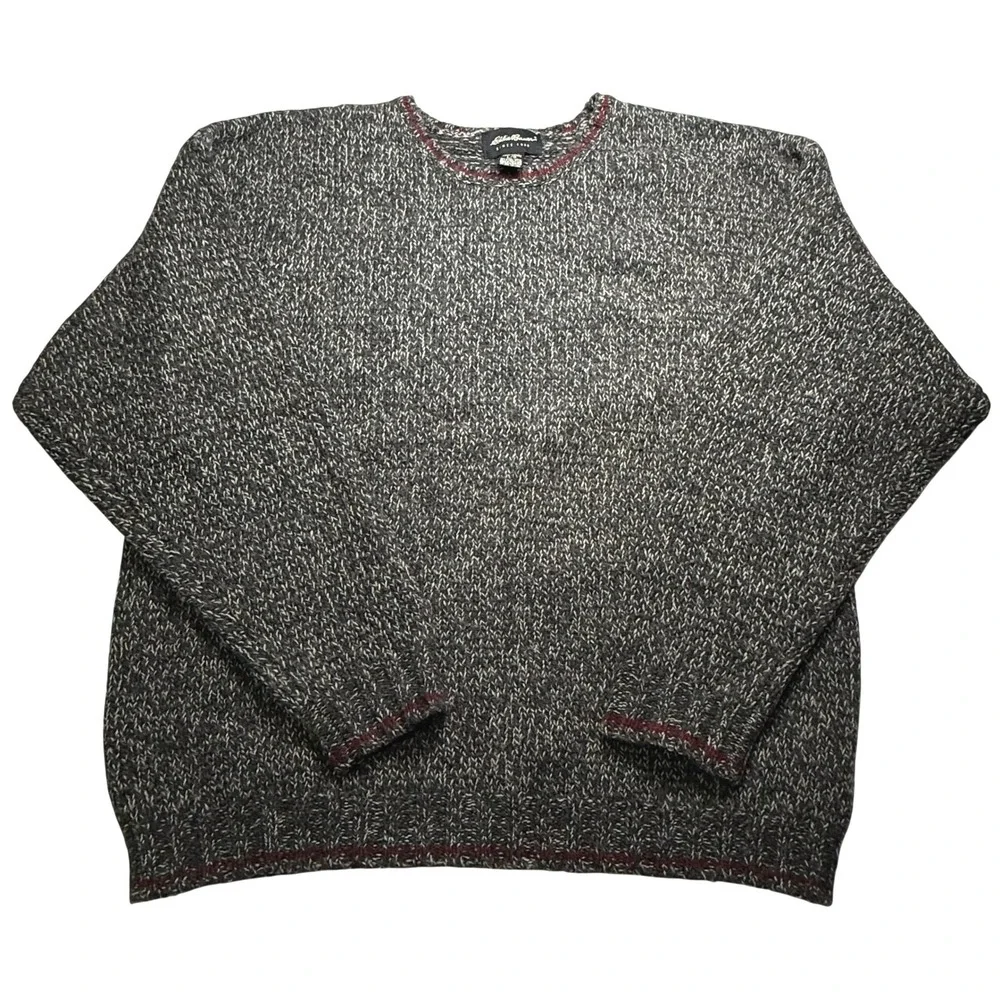 Eddie Bauer Mens Large Wool Blend Marled Knit Crewneck Sweater Grey Red Chunky - Picture 1 of 6